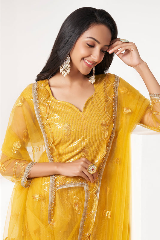 Net Fabric Sequins Work Designer Straight Cut Salwar Suit In Yellow Color