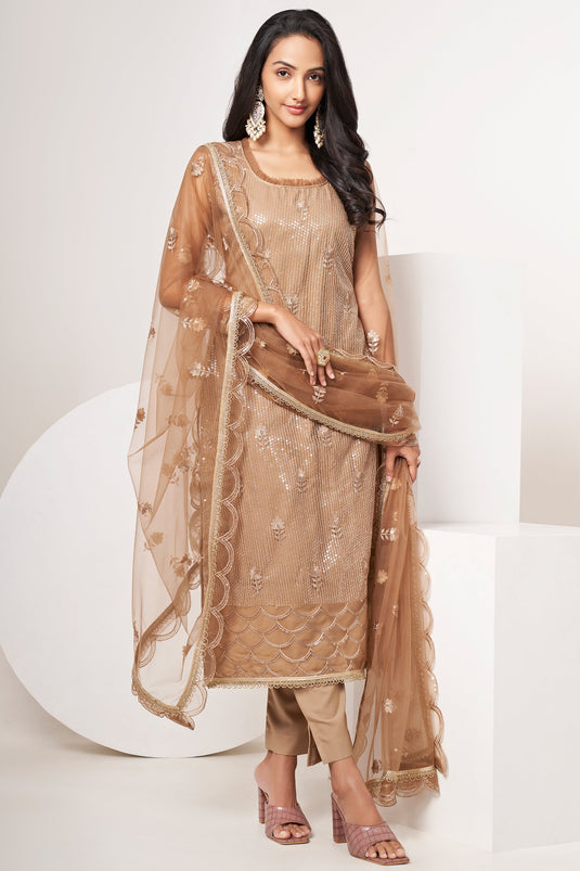 Sequins Work Designer Straight Cut Salwar Kameez In Net Fabric Brown Color