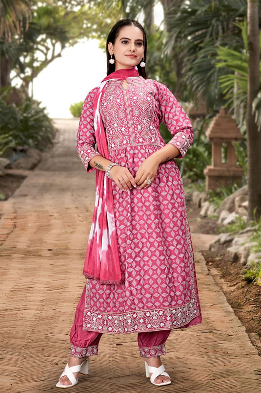 Casual Wear Afghani Inspired Pink Color Salwar Suit In Rayon