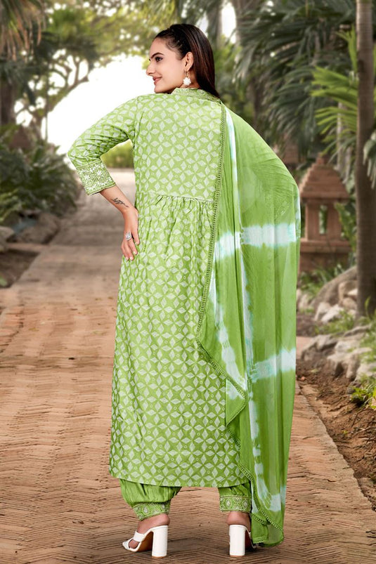 Stylish Rayon Casual Afghani Salwar Suit In Green Color