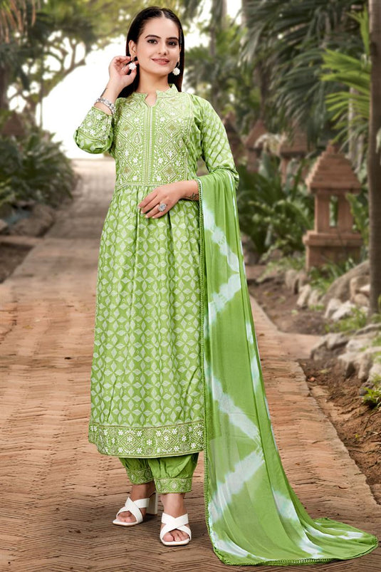 Stylish Rayon Casual Afghani Salwar Suit In Green Color