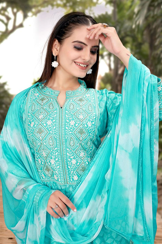 Afghani Style Beautiful Cyan Color Salwar Suit In Rayon Fabric