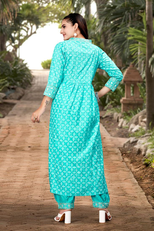 Afghani Style Beautiful Cyan Color Salwar Suit In Rayon Fabric