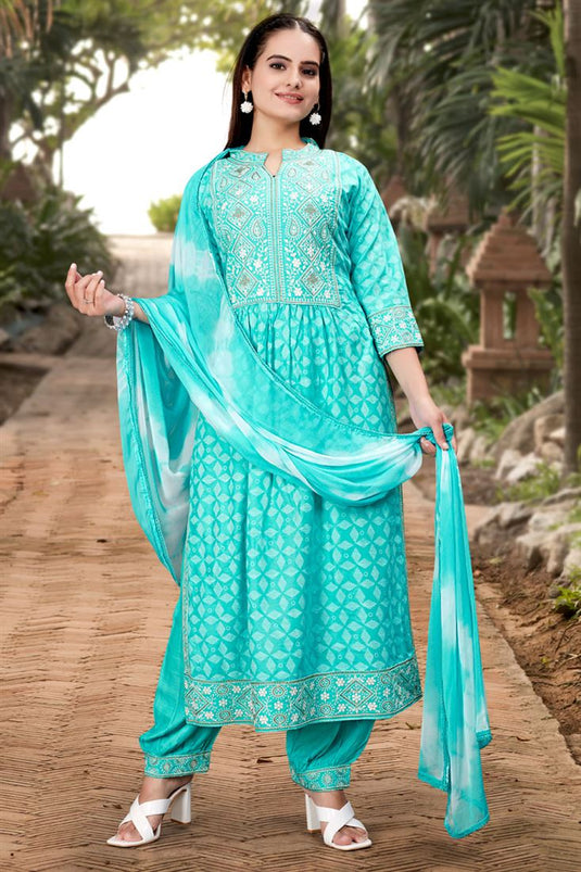 Afghani Style Beautiful Cyan Color Salwar Suit In Rayon Fabric