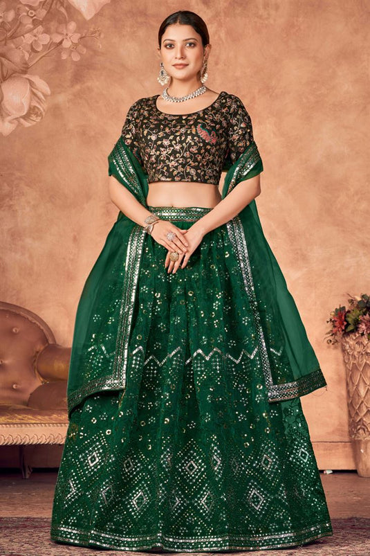 Dark Green Color Organza Fabric Awesome Function Wear Lehenga