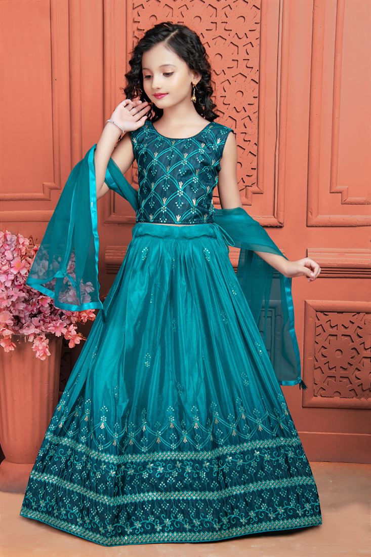 Buy Teal Chinon Silk Fabric Wedding Wear Embroidered Kids Lehenga Choli online from SareesBazaar UK at lowest prices with best deals worldwide shipping