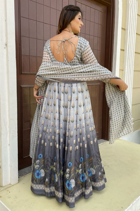 Fetching Embroidered Grey Color Function Wear Chanderi Fabric Readymade Anarkali Salwar Suit