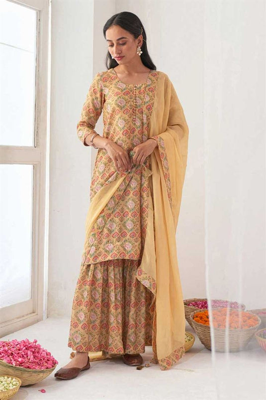 Alluring Muslin Fabric Cream Color Printed Sharara Suit