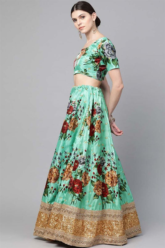 Art Silk Fabric Function Wear Trendy Textured Floral Digital Printed Lehenga In Green Color