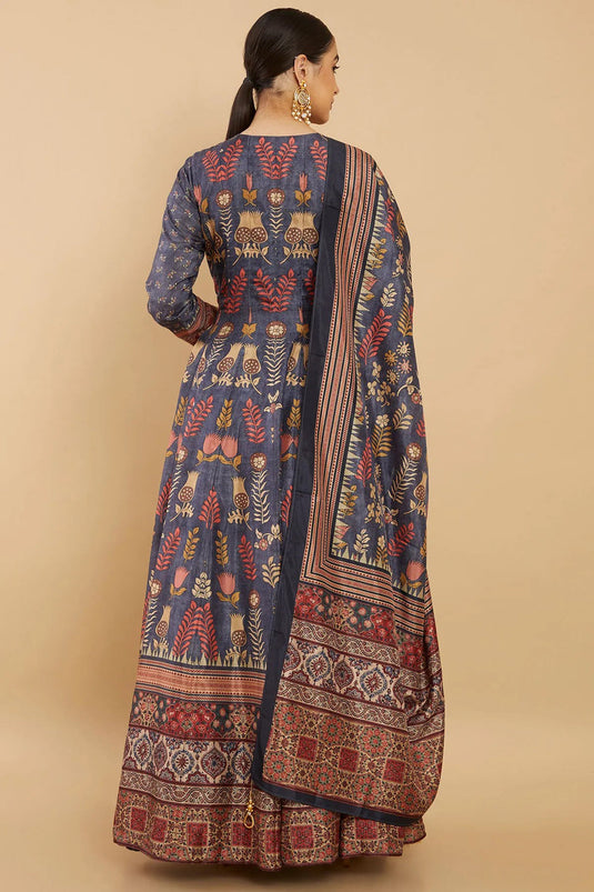 Blue Art Silk Fancy Digital Print Festive Wear Readymade Long Anarkali Style Gown