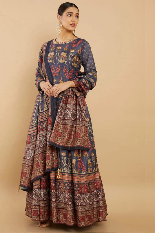 Blue Art Silk Fancy Digital Print Festive Wear Readymade Long Anarkali Style Gown