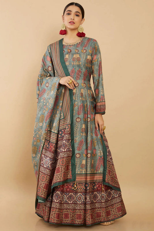 Art Silk Sea Green Festive Wear Digital Print Readymade Long Anarkali Style Gown