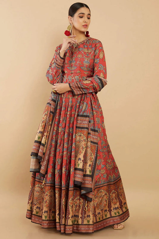 Red Festive Wear Digital Print Readymade Long Anarkali Style Gown In Art Silk Fabric