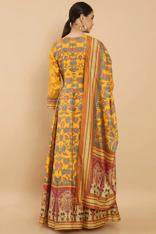 Festive Wear Digital Print Readymade Long Anarkali Style Gown In Art Silk Fabric Yellow Color