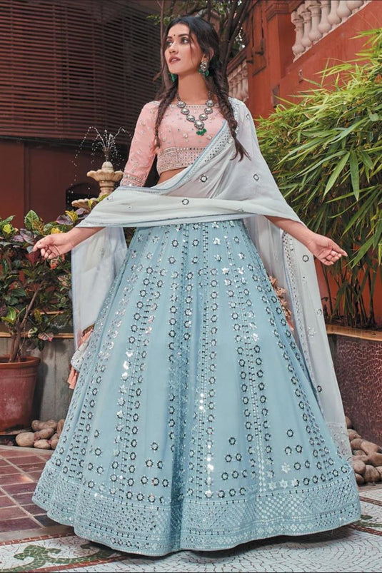 Georgette Fabric Light Cyan Color Sangeet Wear Incredible Lehenga