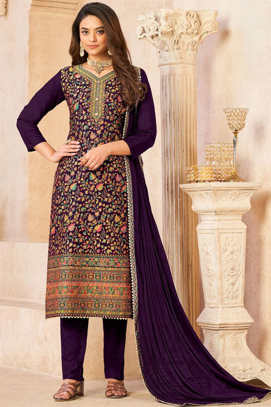 Wine Color Jacquard Work Trendy Salwar Suit For Festival