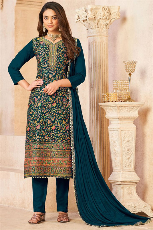 Teal Color Jacquard Work Pure Dola Pant Style Suit