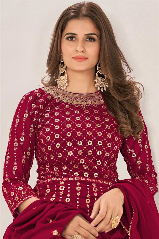 Appealing Sequins Work On Georgette Fabric Sharara Top Lehenga In Red Color