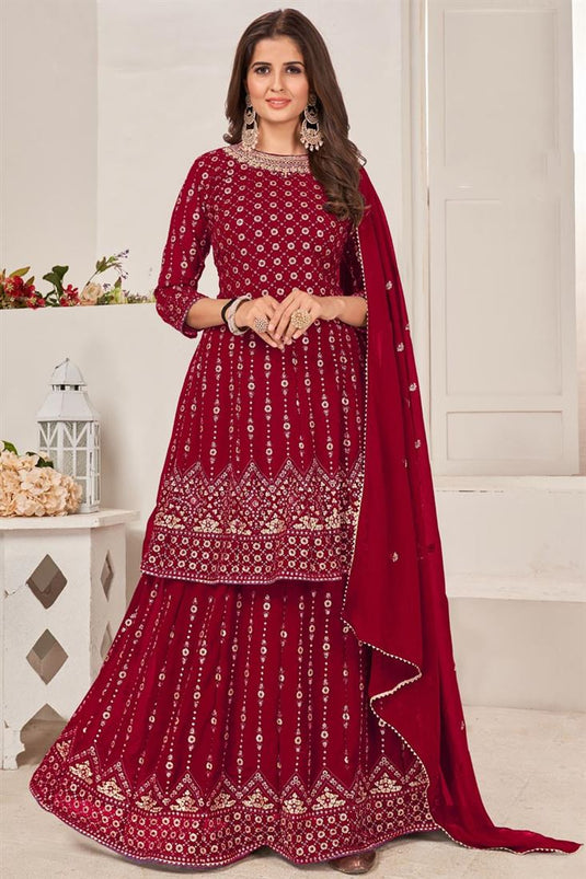 Appealing Sequins Work On Georgette Fabric Sharara Top Lehenga In Red Color