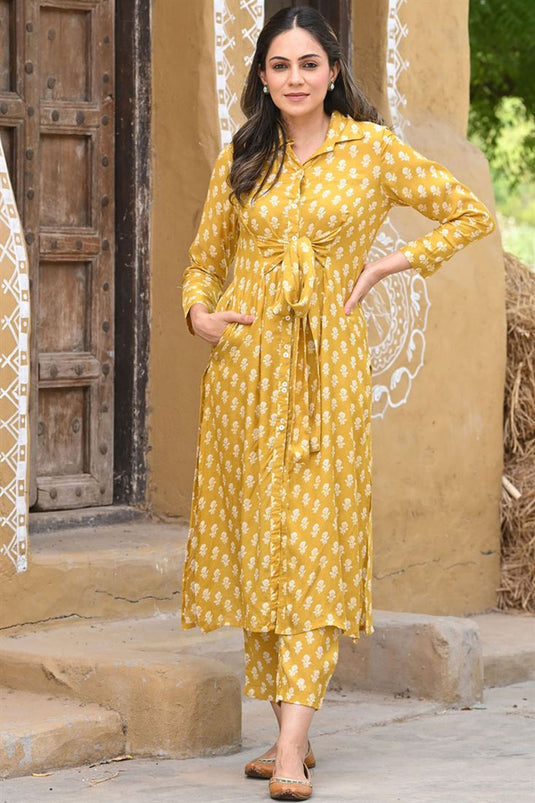 Mustard Color Printed Fancy Fabric Fabulous Kurti With Bottom