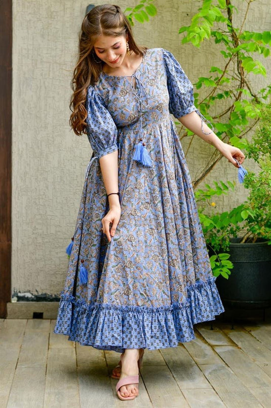 Cotton Silk Gown in Blue with Digital Print work