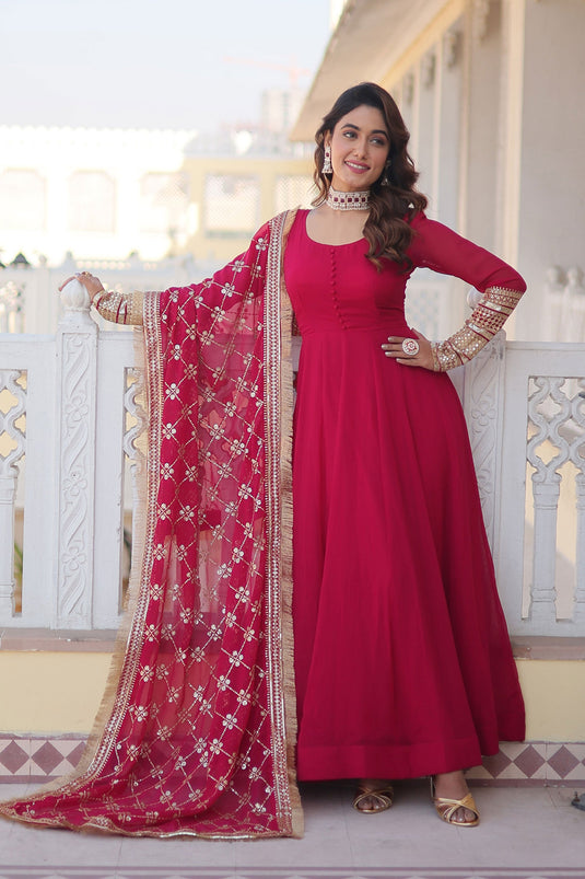 Pink Color Exquisite Function Wear Readymade Gown With Dupatta In Georgette Fabric