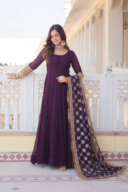 Attractive Georgette Fabric Wine Color Readymade Gown With Dupatta In Function Wear