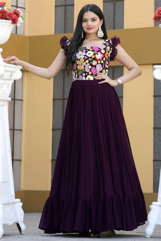 Wine Color Georgette Fabric Divine Readymade Gown