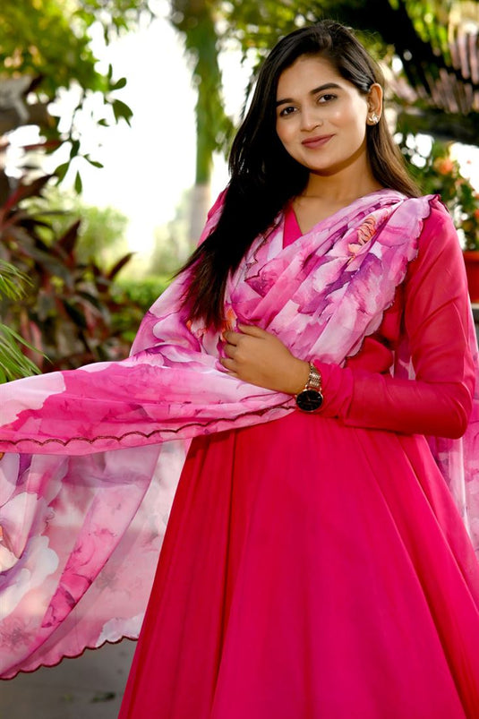 Art Silk Fabric Brilliant Gown With Printed Dupatta In Pink Color