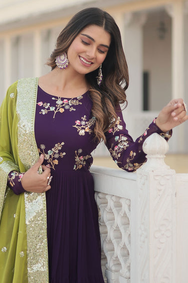 Georgette Fabric Embroidered Work Function Wear Glamorous Long Gown With Dupatta In Purple Color