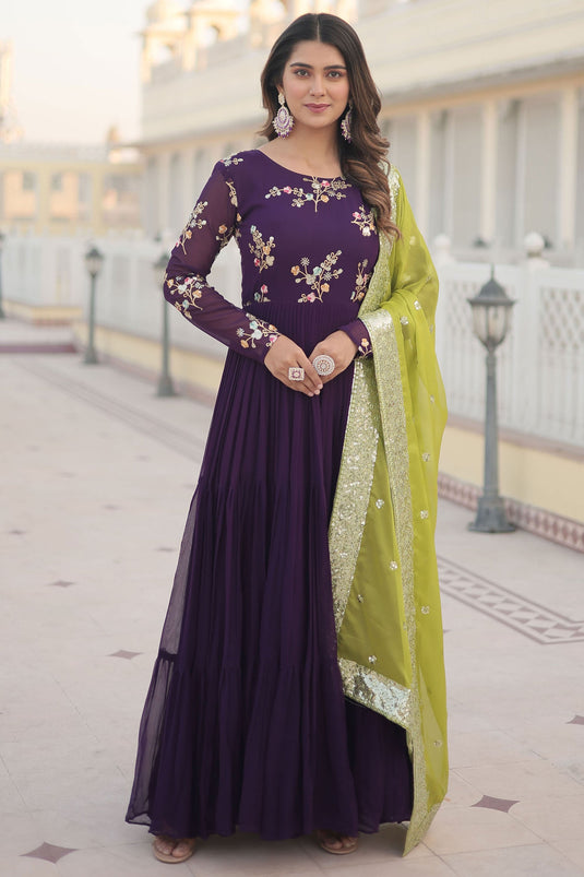 Georgette Fabric Embroidered Work Function Wear Glamorous Long Gown With Dupatta In Purple Color