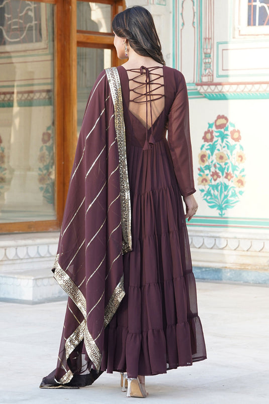 Function Wear Brown Color Glorious Readymade Long Gown In Georgette Fabric