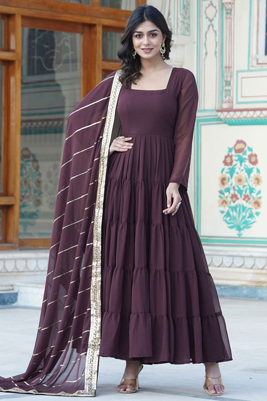 Function Wear Brown Color Glorious Readymade Long Gown In Georgette Fabric