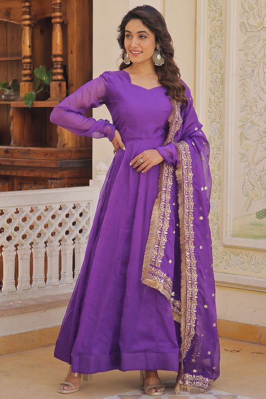 Purple Color Art Silk Fabric Divine Readymade Gown With Sequins Work Dupatta