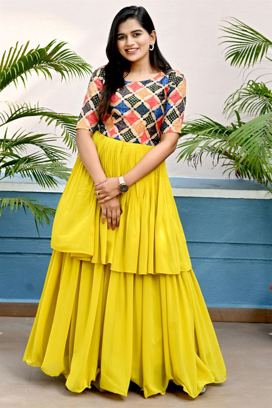 Attractive Georgette Fabric Yellow Color Printed Gown