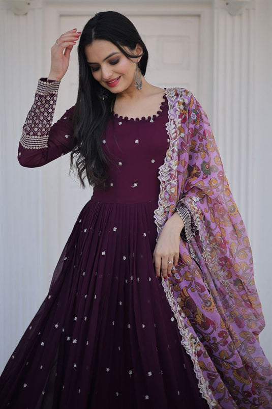 Wine Color Georgette Fabric Fabulous Gown With Dupatta