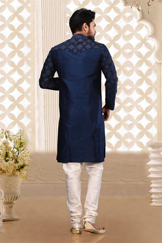 Sangeet Wear Readymade Kurta Pyjama For Men In Art Silk Navy Blue Color