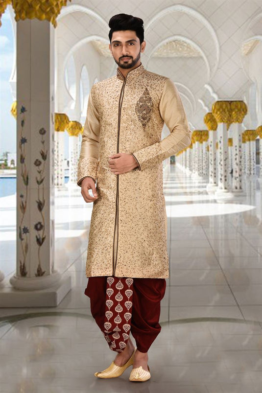 Beige Art Silk Readymade Men Dhoti Style Kurta