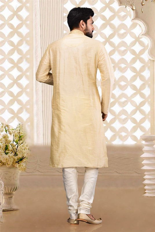 Fancy Beige Color Art Silk Fabric Function Wear Readymade Kurta Pyjama For Men