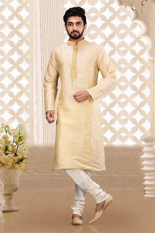 Fancy Beige Color Art Silk Fabric Function Wear Readymade Kurta Pyjama For Men