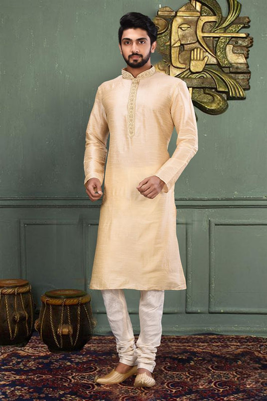 Beautiful Beige Color Wedding Wear Readymade Kurta Pyjama For Men In Art Silk Fabric