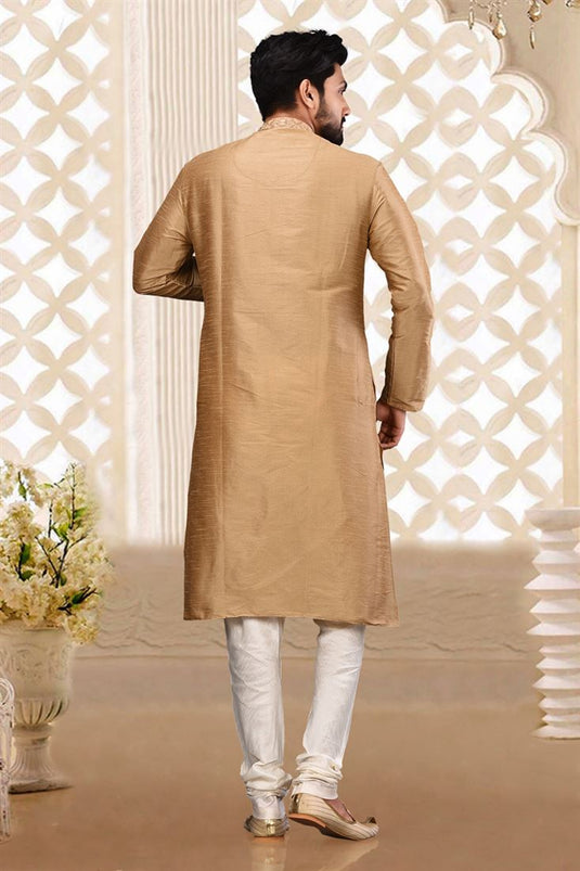 Brown Color Reception Wear Readymade Art Silk Fabric Kurta Pyjama For Men