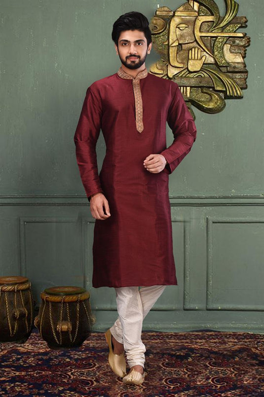 Art Silk Fabric Wine Color Festive Wear Readymade Men Stylish Kurta Pyjama