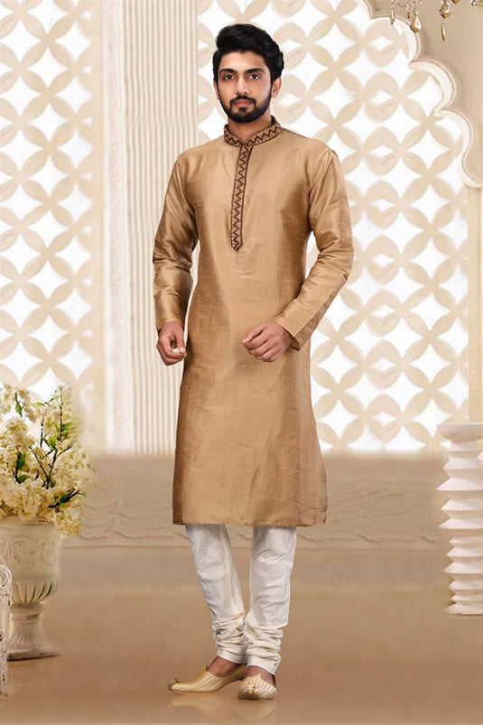 Art Silk Fabric Function Wear Readymade Brown Color Kurta Pyjama For Men