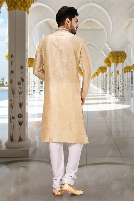 Beige Color Art Silk Fabric Function Wear Readymade Kurta Pyjama For Men