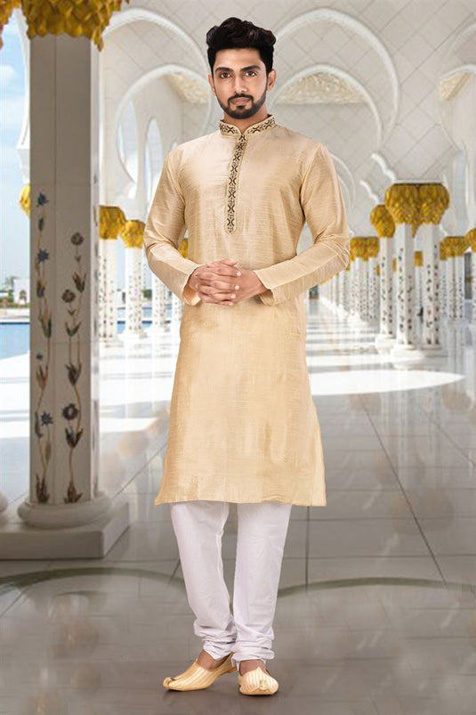 Beige Color Art Silk Fabric Function Wear Readymade Kurta Pyjama For Men