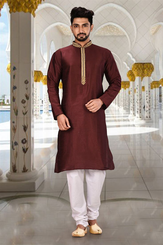 Pretty Art Silk Fabric Sangeet Wear Readymade Men Kurta Pyjama In Wine Color