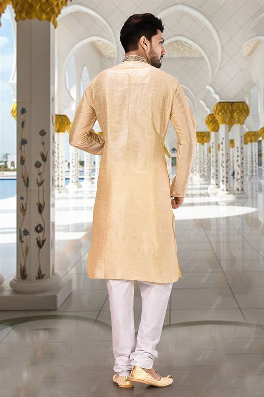 Beautiful Beige Wedding Wear Readymade Kurta Pyjama For Men In Art Silk Fabric