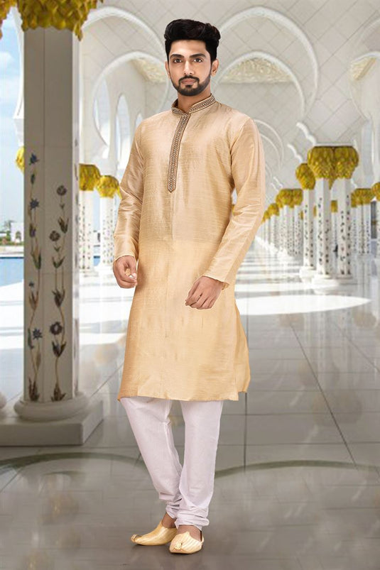 Beautiful Beige Wedding Wear Readymade Kurta Pyjama For Men In Art Silk Fabric