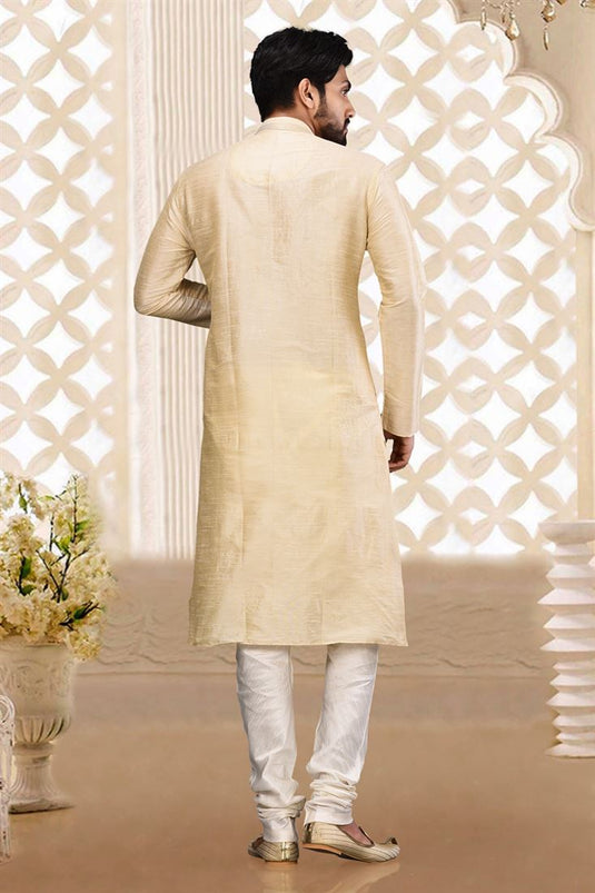 Art Silk Beige Color Wedding Wear Readymade Designer Men Kurta Pyjama